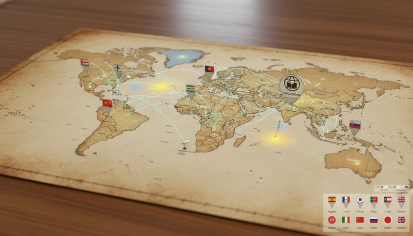 World map with language and flag pins showing global translation coverage